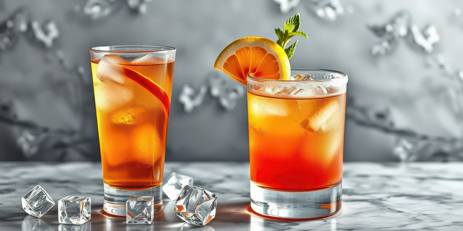 Refreshing summer drinks served on a marble table with ice and fruit garnishes